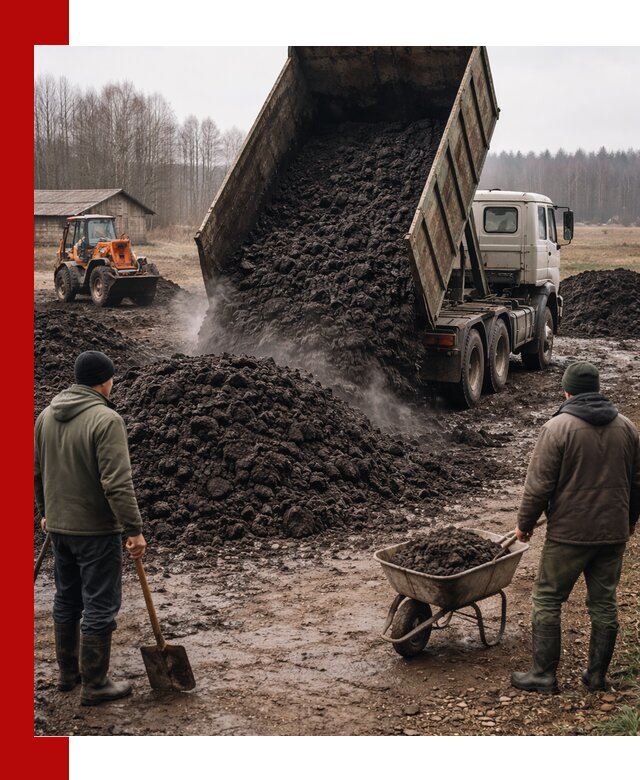 Доставка низинного торфа с разгрузкой и доставкой в Выборге